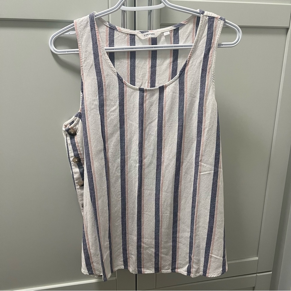 SIGNATURE REITMANS Linen Blend Side Buttons Striped Sleeveless Top Size Large